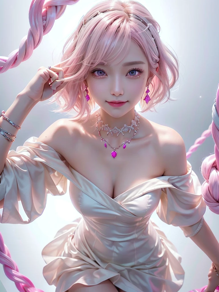 8k,Confused, High resolution, Very detailed, 1 girl, alone, Very beautiful eyes, Ultra-precise depiction, Artistic、Very detailed depiction, (Tangled:1.2), , (White high key background:1.5), (((Pink off-shoulder dress 1.5))), 、 short hair、Earrings and Necklaces、Platinum Blonde Hair, (Glowing Skin), Many colors, , (Shooting from above:1.2),、Flat Body、slim、cute、、Round face、Cast a Shadow、、Smile 1.3