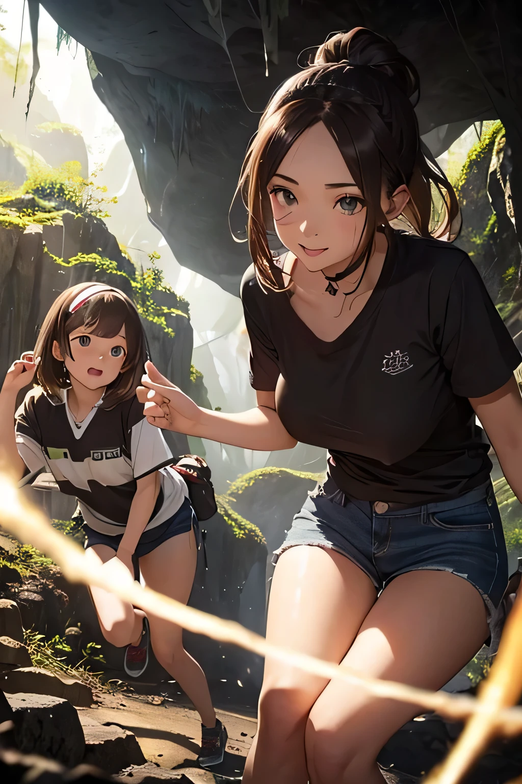 Highest quality、High resolution、Detailed Background、(Beautiful face in every detail:1.4)、Anatomically correct、Detailed facial expressions、(Detailed eyes:1.2)、age beauty、(Huge breasts:1.2)、Highly detailed face、Light color hair、Braided bob cut、ponytail、Perfect body line、well-groomed eyebrows、Enjoy in nature、Hot days of summer vacation、Visiting a limestone cave、Mysterious atmosphere of the cave、
(Two beautiful girls having fun in a famous cave:1.5)、
Inside the cave, it is cool, and the stalactites illuminated by the light of a flashlight create a mysterious atmosphere.、
They run around happily and proceed deeper into the cave.、He looks up at the stalactites on the ceiling with a puzzled expression.、I cross the stream and enjoy the feel of the cave walls with my hands.、Spread out your lunch and eat、They are having a lively conversation and smiling at each other.、It gradually gets darker inside the cave.、Carrying a flashlight, I continue to explore deeper and deeper.、Fulfilling summer vacation memories、
We recommend a light jacket such as a T-shirt or polo shirt.、For bottoms, we recommend shorts or half pants.、Sneakers or trekking shoes are best、A headband that makes it easy to tie your hair up and a flashlight are useful.、Light outdoor fashion style、cute