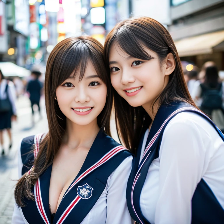 (a trio of gorgeous ladies, in their 20s, at Tokyo. They are dressed in Japanese fashion, Serafuku, Seifuku, Sailor Uniform, JK Uniform Cosplay, Button Details, feminine, random & natural pose under night sky, beautiful detailed face, beautiful detailed eyes, dimpled smile, kind & friendly smile, short straight hair, bob hair, ponytail, cute snaggletooth, ample round bosom, medium chest, strengthened chest, healthy body proportion, enchanting cleavage, photorealistic, hyper-realism, high contrast, ultra HD, realistic skin textures, top image quality, top-quality, super high resolution, fine details, very meticulously, bokeh background, the_cowboy_shot, vivid colours,) #GTO #GreatTeacherOnizuka