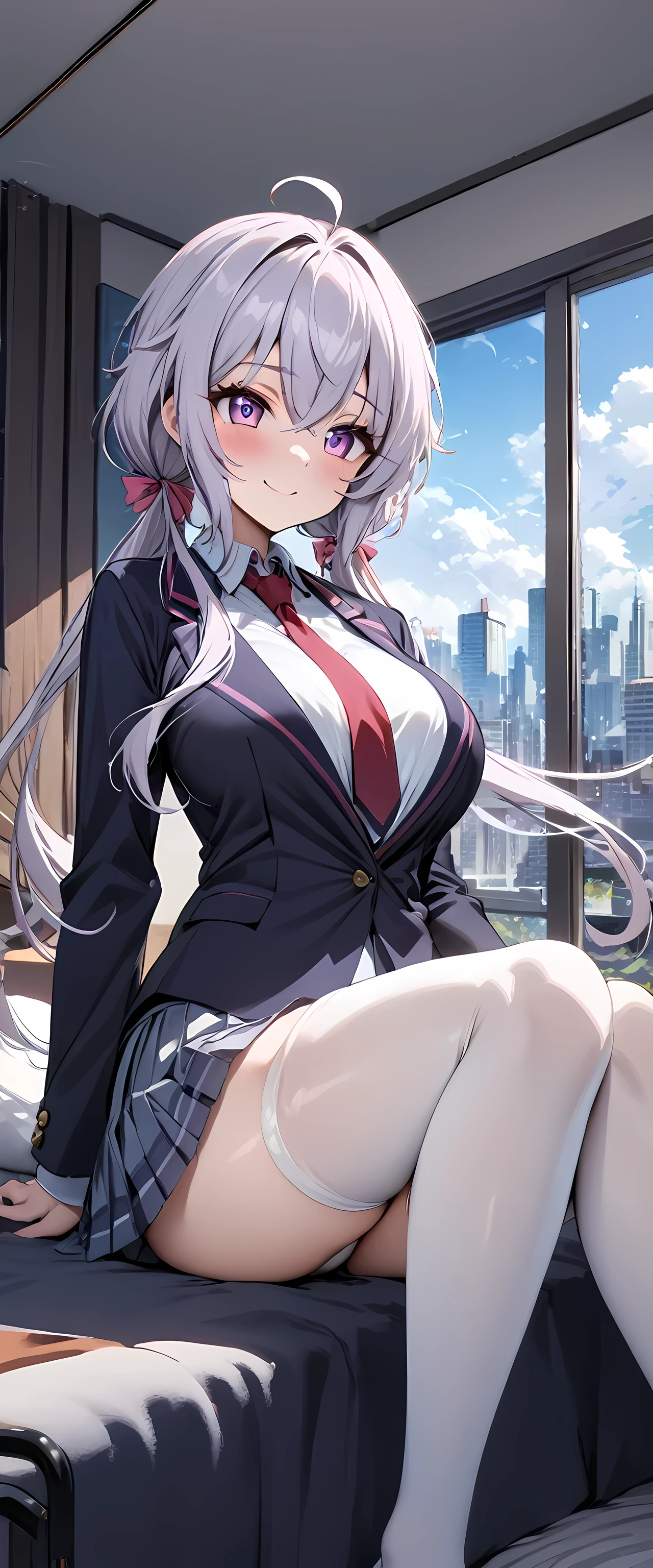 (masterpiece), best quality, expressive eyes, perfect face,1girl,YukineChris,girl's bedroom,day,window,cityscape,sitting,long hair, purple eyes, twintails,low twintails, ahoge, large breasts, indoors, , blazer, necktie, white thighhighs, pleated skirt, open jacket,smile