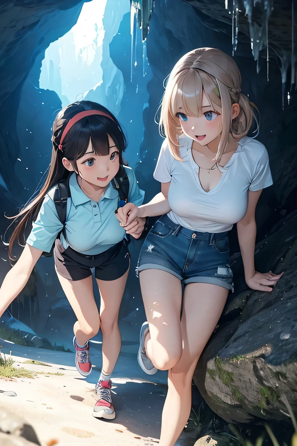 Highest quality、High resolution、Detailed Background、(Beautiful face in every detail:1.4)、Anatomically correct、Detailed facial expressions、(Detailed eyes:1.2)、 beauty、(Huge breasts:1.2)、Highly detailed face、Light color hair、Braided bob cut、ponytail、Perfect body line、well-groomed eyebrows、Enjoy in nature、Hot days of summer vacation、Visiting a limestone cave、Mysterious atmosphere of the cave、
(Two beautiful girls having fun in a famous cave:1.5)、
Inside the cave, it is cool, and the stalactites illuminated by the light of a flashlight create a mysterious atmosphere.、
They run around happily and proceed deeper into the cave.、He looks up at the stalactites on the ceiling with a puzzled expression.、I cross the stream and enjoy the feel of the cave walls with my hands.、Spread out your lunch and eat、They are having a lively conversation and smiling at each other.、It gradually gets darker inside the cave.、Carrying a flashlight, I continue to explore deeper and deeper.、Fulfilling summer vacation memories、
We recommend a light jacket such as a T-shirt or polo shirt.、For bottoms, we recommend shorts or half pants.、Sneakers or trekking shoes are best、A headband that makes it easy to tie your hair up and a flashlight are useful.、Light outdoor fashion style、cute