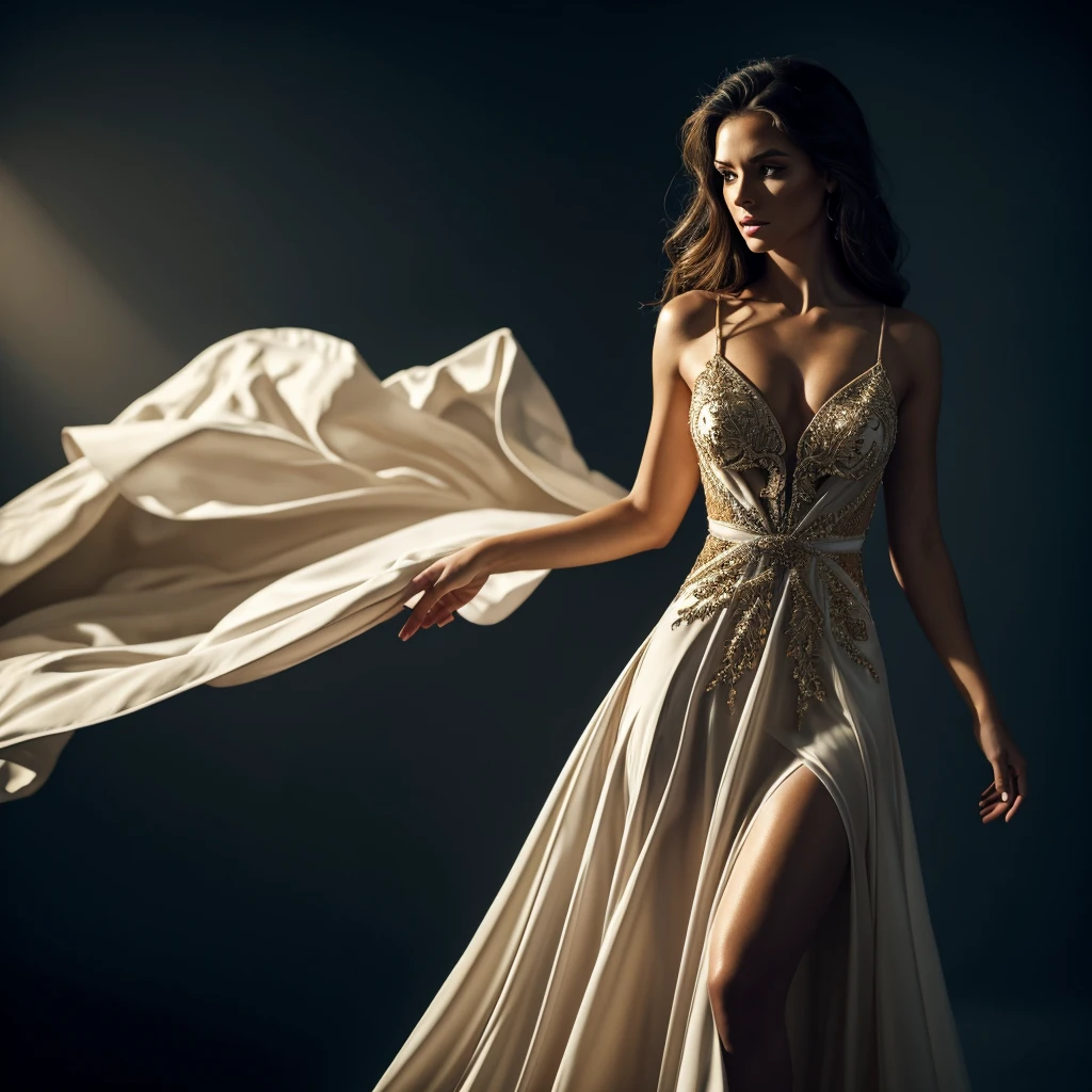 a beautiful woman in a fashion studio, posing in a stunning dress, elegant, graceful, high-fashion model, dramatic lighting, cinematic, professional photography, 8k, high resolution, detailed, photorealistic, intricate fabric textures, flowing dress, natural skin tones, beautiful eyes, perfect makeup, dynamic pose, atmospheric studio setting, dramatic shadows and highlights, cinematic color grading, moody and dramatic