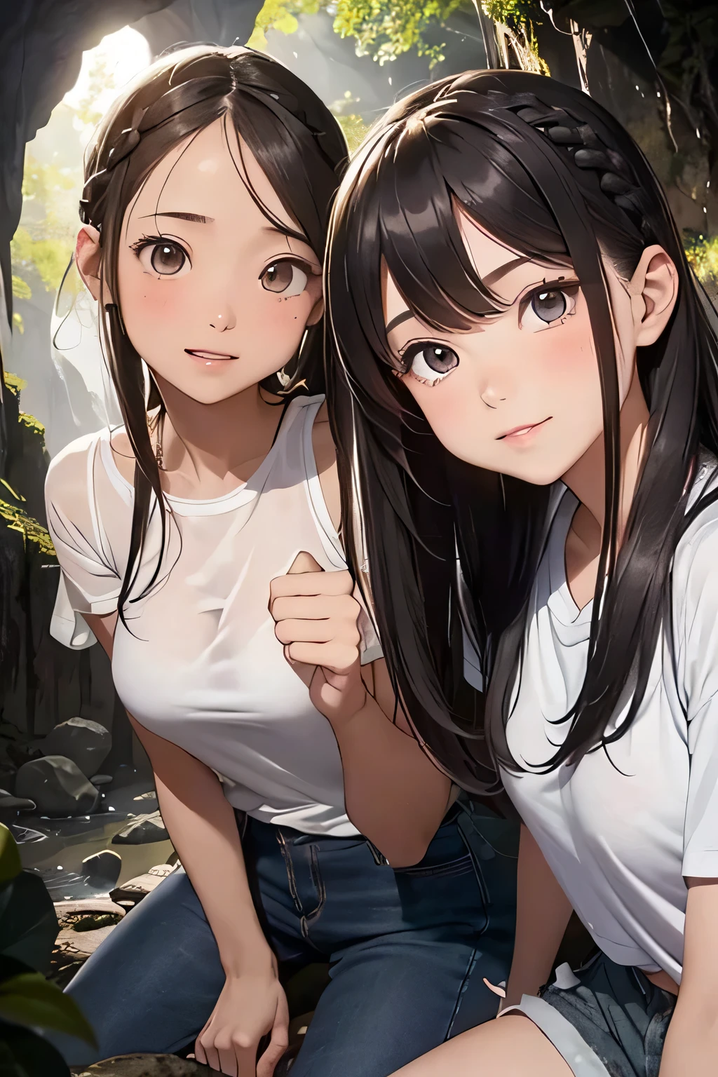 Highest quality、High resolution、Detailed Background、(Beautiful face in every detail:1.4)、Anatomically correct、Detailed facial expressions、(Detailed eyes:1.2)、age beauty、(Huge breasts:1.2)、Highly detailed face、Light color hair、Braided bob cut、ponytail、Perfect body line、well-groomed eyebrows、Enjoy in nature、Hot days of summer vacation、Visiting a limestone cave、Mysterious atmosphere of the cave、
(Two beautiful girls having fun in a famous cave:1.5)、
Inside the cave, it is cool, and the stalactites illuminated by the light of a flashlight create a mysterious atmosphere.、
They run around happily and proceed deeper into the cave.、He looks up at the stalactites on the ceiling with a puzzled expression.、I cross the stream and enjoy the feel of the cave walls with my hands.、Spread out your lunch and eat、They are having a lively conversation and smiling at each other.、It gradually gets darker inside the cave.、Carrying a flashlight, I continue to explore deeper and deeper.、Fulfilling summer vacation memories、
We recommend a light jacket such as a T-shirt or polo shirt.、For bottoms, we recommend shorts or half pants.、Sneakers or trekking shoes are best、A headband that makes it easy to tie your hair up and a flashlight are useful.、Light outdoor fashion style、cute