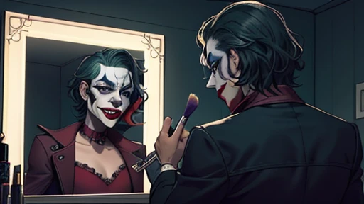 create a scenario where the joker is putting on makeup looking at a makeup mirror