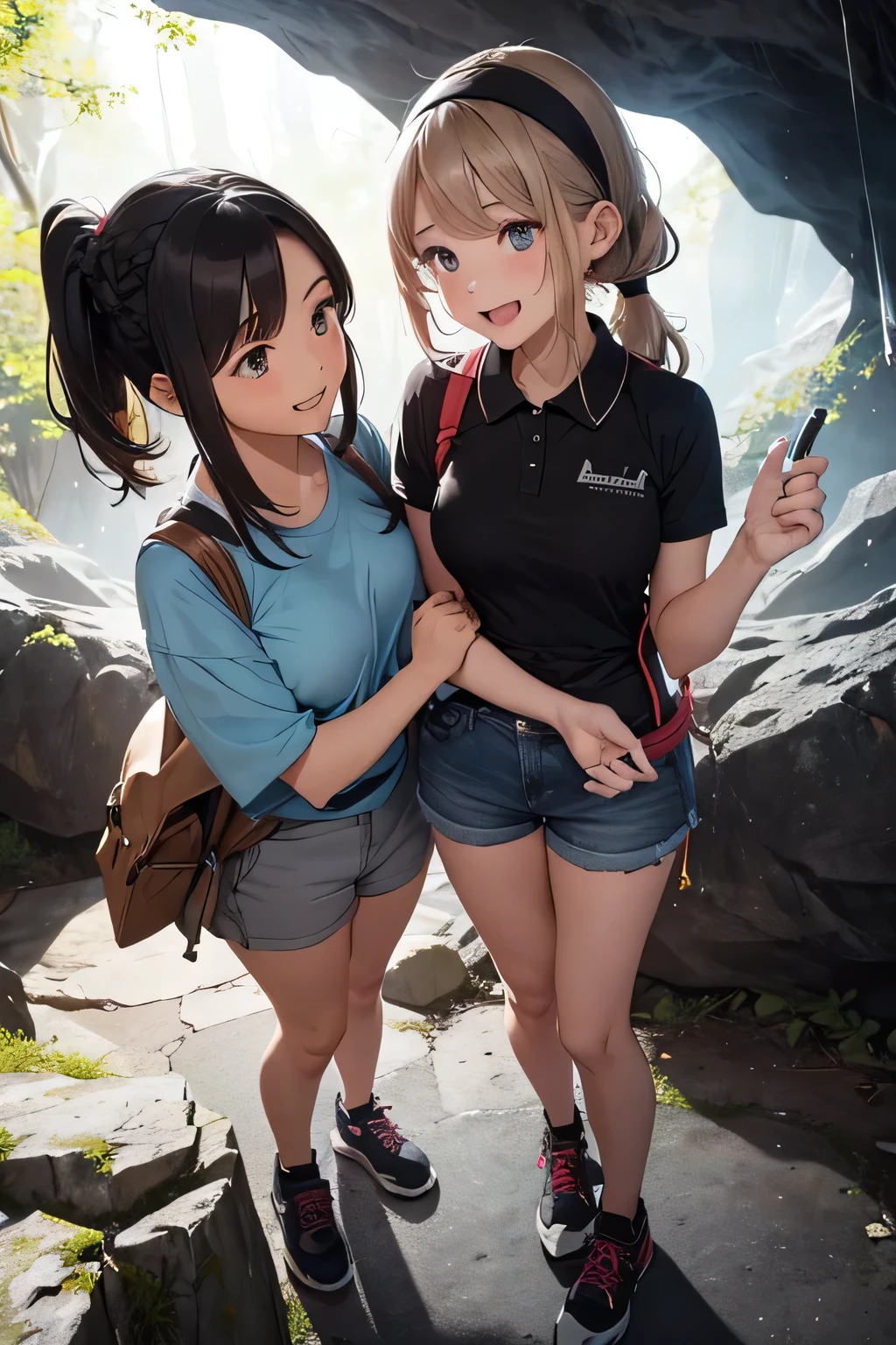 Highest quality、High resolution、Detailed Background、(Beautiful face in every detail:1.4)、Anatomically correct、Detailed facial expressions、(Detailed eyes:1.2)、Teenage beauty、(Huge breasts:1.2)、Highly detailed face、Light color hair、Braided bob cut、ponytail、Perfect body line、well-groomed eyebrows、Enjoy in nature、Hot days of summer vacation、Visiting a limestone cave、Mysterious atmosphere of the cave、
(Two beautiful girls having fun in a famous cave:1.5)、
Inside the cave, it is cool, and the stalactites illuminated by the light of a flashlight create a mysterious atmosphere.、
They run around happily and proceed deeper into the cave.、He looks up at the stalactites on the ceiling with a puzzled expression.、I cross the stream and enjoy the feel of the cave walls with my hands.、Spread out your lunch and eat、They are having a lively conversation and smiling at each other.、It gradually gets darker inside the cave.、Carrying a flashlight, I continue to explore deeper and deeper.、Fulfilling summer vacation memories、
We recommend a light jacket such as a T-shirt or polo shirt.、For bottoms, we recommend shorts or half pants.、Sneakers or trekking shoes are best、A headband that makes it easy to tie your hair up and a flashlight are useful.、Light outdoor fashion style、cute