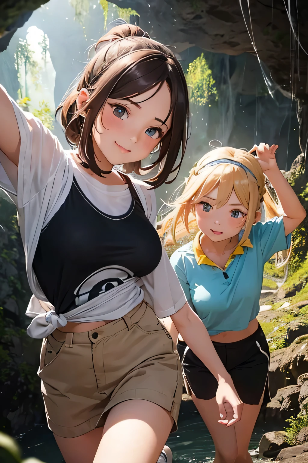 Highest quality、High resolution、Detailed Background、(Beautiful face in every detail:1.4)、Anatomically correct、Detailed facial expressions、(Detailed eyes:1.2)、Teenage beauty、(Huge breasts:1.2)、Highly detailed face、Light color hair、Braided bob cut、ponytail、Perfect body line、well-groomed eyebrows、Enjoy in nature、Hot days of summer vacation、Visiting a limestone cave、Mysterious atmosphere of the cave、

(Two beautiful girls having fun in a famous cave:1.5)、

Inside the cave, it is cool, and the stalactites illuminated by the light of a flashlight create a mysterious atmosphere.、
They run around happily and proceed deeper into the cave.、He looks up at the stalactites on the ceiling with a puzzled expression.、I cross the stream and enjoy the feel of the cave walls with my hands.、Spread out your lunch and eat、They are having a lively conversation and smiling at each other.、It gradually gets darker inside the cave.、Carrying a flashlight, I continue to explore deeper and deeper.、Fulfilling summer vacation memories、

We recommend a light jacket such as a T-shirt or polo shirt.、For bottoms, we recommend shorts or half pants.、Sneakers or trekking shoes are best、A headband that makes it easy to tie your hair up and a flashlight are useful.、Light outdoor fashion style、cute
