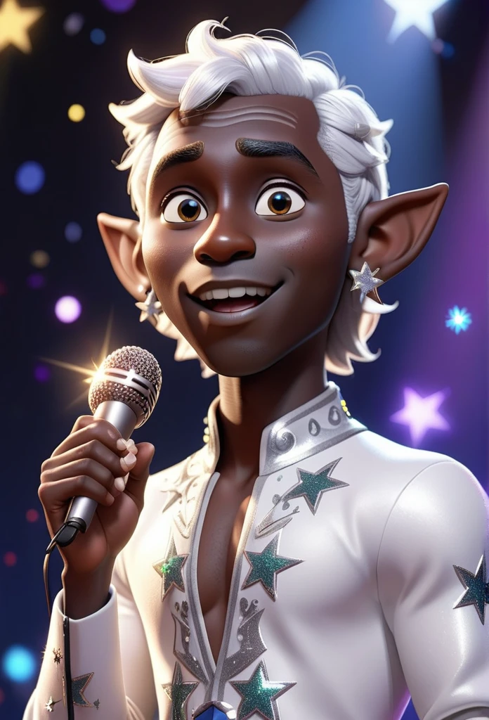 3d pixar drawing of beautiful beautiful male, a black-skinned, white-haired elf singer with star earrings holding her microphone on her stage with a sparkly pop diva outfit