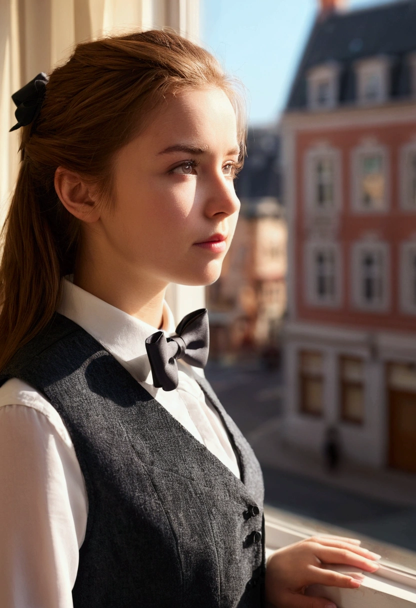 1 girl, women , vest, bow, Photo, realist, Best Quality, Hiring, detailed face, , buildings from the window, detailed background, diffuse sunlight, depth of field, bokeh
