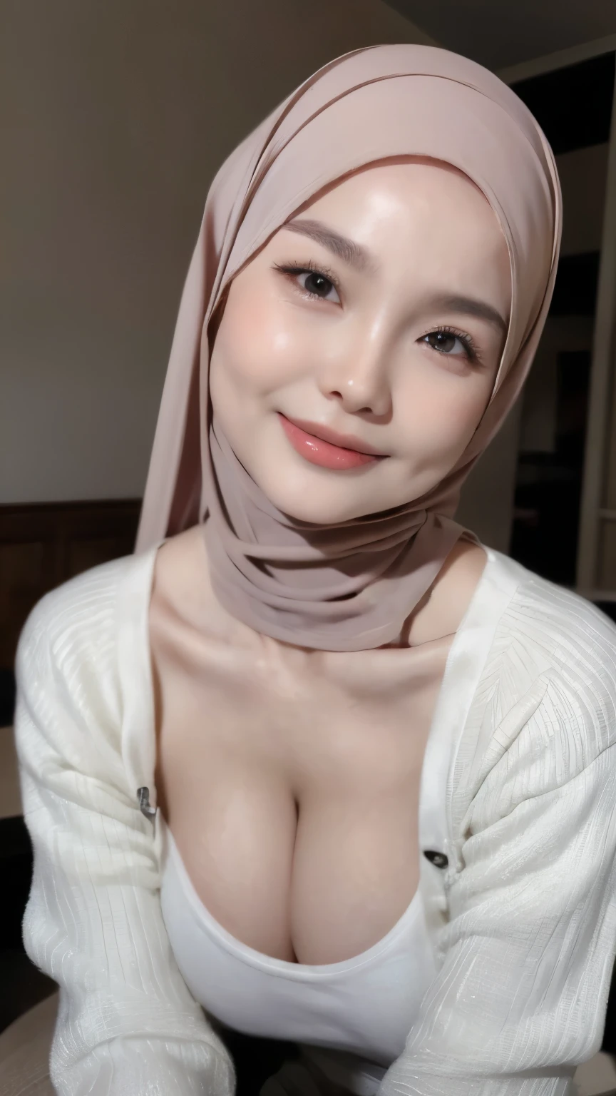 ((Old Lady :1.3)), (((VERY SHINY SKIN))), Very cute like a Matured Lady, ((Stylish Hijab)), adorable, 1 girl, 55 years old, , shy, half body portrait,smile,  (face details: 1), (eye details: 1), ((round large breasts, cleavage)). Cute posed. proportional body. Ultra High Res. (realistic: 2), UHD, ((SHINY SKIN :1.4))