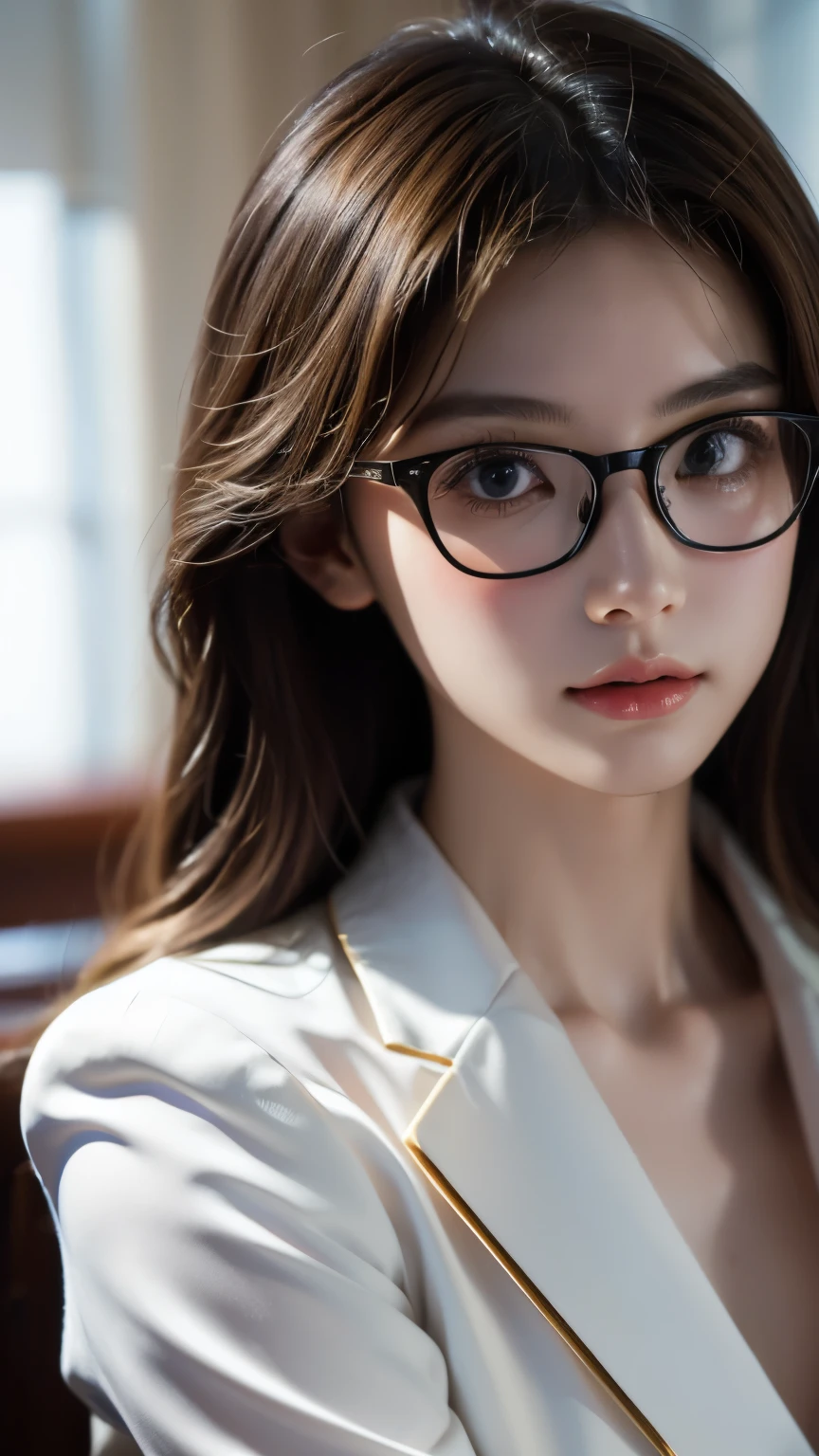 Highest quality, Highest quality, 16K, Unbelievably absurd, Very detailed, delicate and dynamic, Detailed facial depiction, , Particles reflect light, Diffuse reflection of light, Vortex of Light, Files on the desk, Spotlight, trial所, trial, Defense, Glassesが光を反射する, Create amazing image effects, Close-up, (sole sexy lady, big firm bouncing busts, long wavy blonde hair, lawyer, Powerful, Chic black suit, White blouse, pants suit, High heels, Glasses, Serious, Self, enthusiasm, Spiel, Stand up and read the document, Glassesを手で押し上げる,)