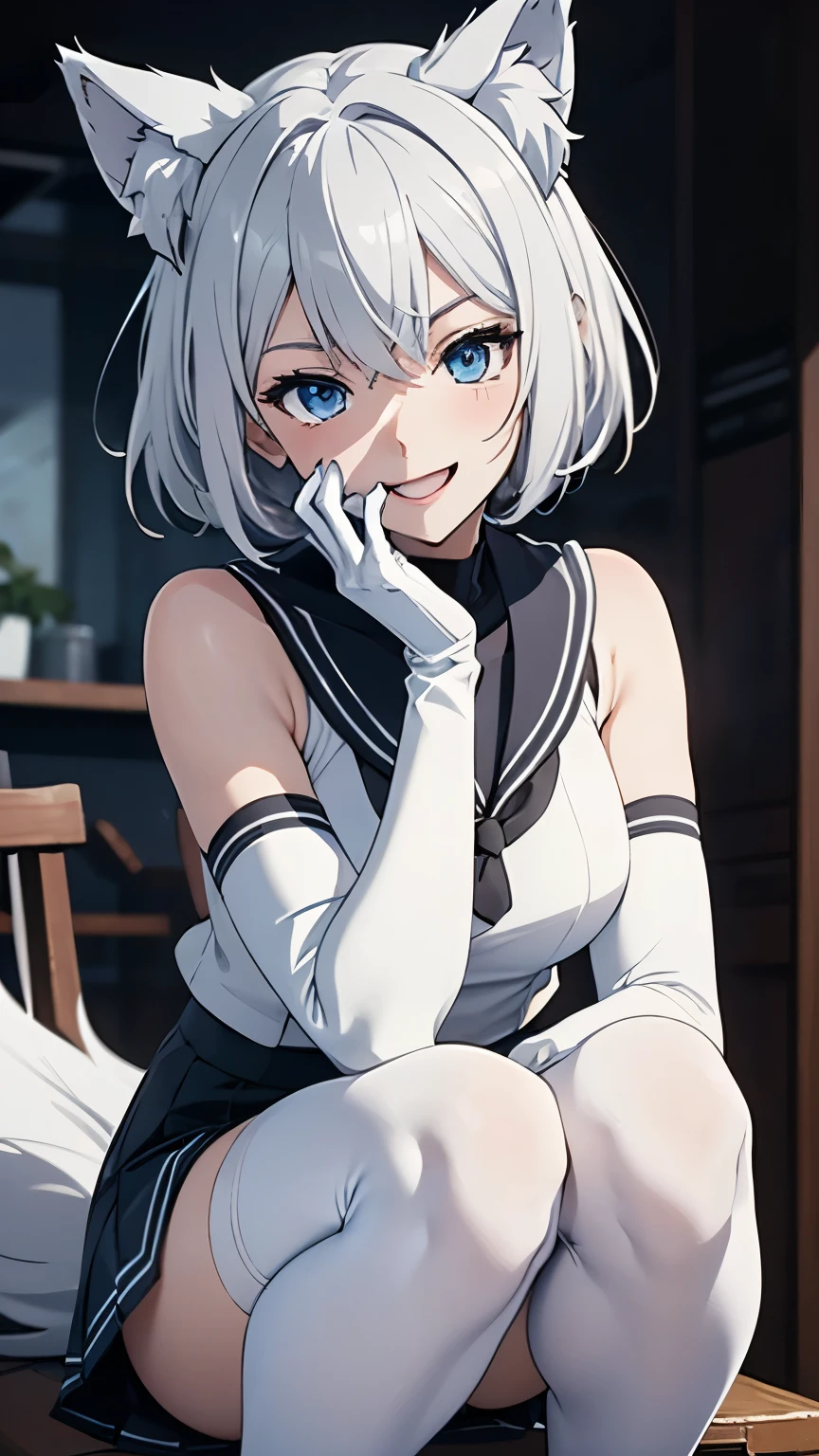 Tabletop　High resolution　Best image quality　8k　 Adult female　Anime Style　White long gloves（Elbow Gloves）　White Sailor Suit（Sleeveless）　mini skirt　White tights　White wolf ears　short hair（（Shortcuts）（Gray Hair）（Perm）（fluffy））　blue eyes　Attractive face（（Laughter）（smile）（Open your mouth））　squat　Place your hands on your knees