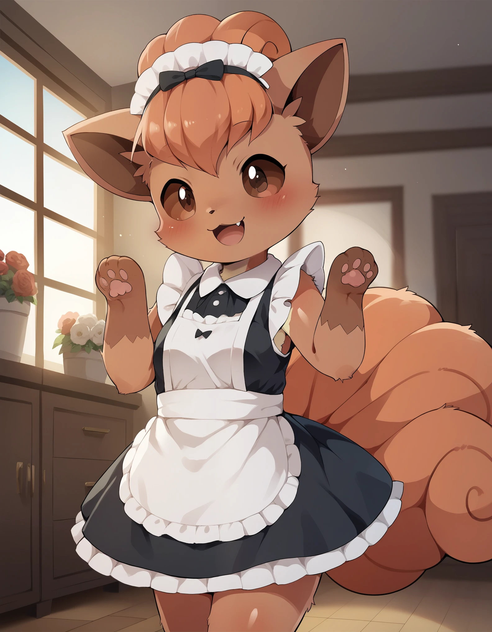 dagasi, body fur,  score_9, score_8_up, score_7_up, score_6_up,  rating_questionable, anthro, (furry, anthro:1.2) (detailed fluffy fur), solo, furry female, pokemon (creature),,vulpix , cute, ,pokemon, (small breasts), ,cute, cute eyes, cute head), (beautifully detailed face, oily shiny skin), (detailed eyes, sharp eyes, clear pupils:0.8), masterpiece, happy, hands empty, smile,mouth, background living room,house,dressed, wear maid outfit, 