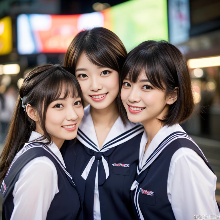 (a trio of gorgeous ladies, in their 20s, at Tokyo. They are dressed in Japanese fashion, Serafuku, Seifuku, Sailor Uniform, JK Uniform Cosplay, Button Details, feminine, random & natural pose under night sky, beautiful detailed face, beautiful detailed eyes, dimpled smile, kind & friendly smile, short straight hair, bob hair, ponytail, cute snaggletooth, ample round bosom, medium chest, strengthened chest, healthy body proportion, photorealistic, hyper-realism, high contrast, ultra HD, realistic skin textures, top image quality, top-quality, super high resolution, fine details, very meticulously, bokeh background, the_cowboy_shot, vivid colours,) #GTO #GreatTeacherOnizuka