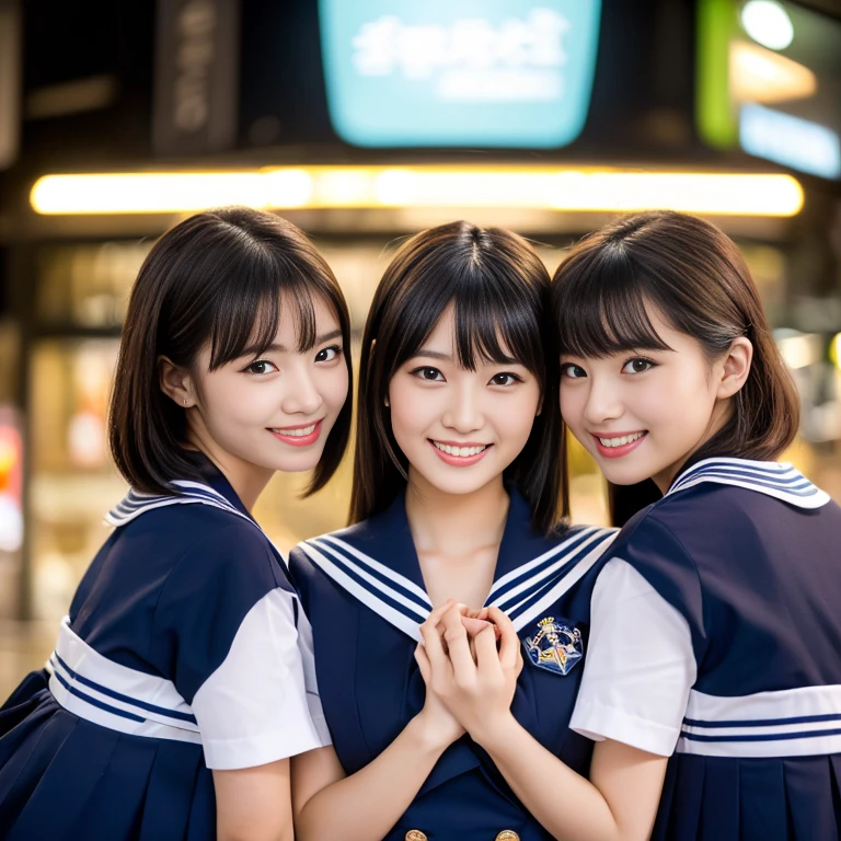 (a trio of gorgeous ladies, in their 20s, at Tokyo. They are dressed in Japanese fashion, Serafuku, Seifuku, Sailor Uniform, JK Uniform Cosplay, Button Details, feminine, random & natural pose under night sky, beautiful detailed face, beautiful detailed eyes, dimpled smile, kind & friendly smile, short straight hair, bob hair, ponytail, cute snaggletooth, ample round bosom, medium chest, strengthened chest, healthy body proportion, photorealistic, hyper-realism, high contrast, ultra HD, realistic skin textures, top image quality, top-quality, super high resolution, fine details, very meticulously, bokeh background, the_cowboy_shot, vivid colours,) #GTO #GreatTeacherOnizuka
