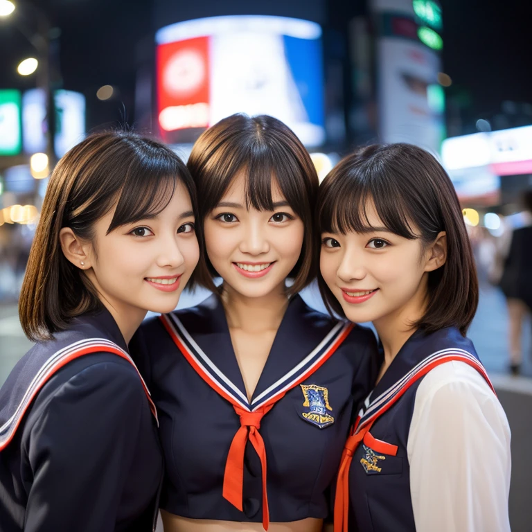 (a trio of gorgeous ladies, in their 20s, at Tokyo. They are dressed in Japanese fashion, Serafuku, Seifuku, Sailor Uniform, JK Uniform Cosplay, Button Details, feminine, random & natural pose under night sky, beautiful detailed face, beautiful detailed eyes, dimpled smile, kind & friendly smile, short straight hair, bob hair, ponytail, cute snaggletooth, ample round bosom, medium chest, strengthened chest, healthy body proportion, photorealistic, hyper-realism, high contrast, ultra HD, realistic skin textures, top image quality, top-quality, super high resolution, fine details, very meticulously, bokeh background, the_cowboy_shot, vivid colours,) #GTO #GreatTeacherOnizuka