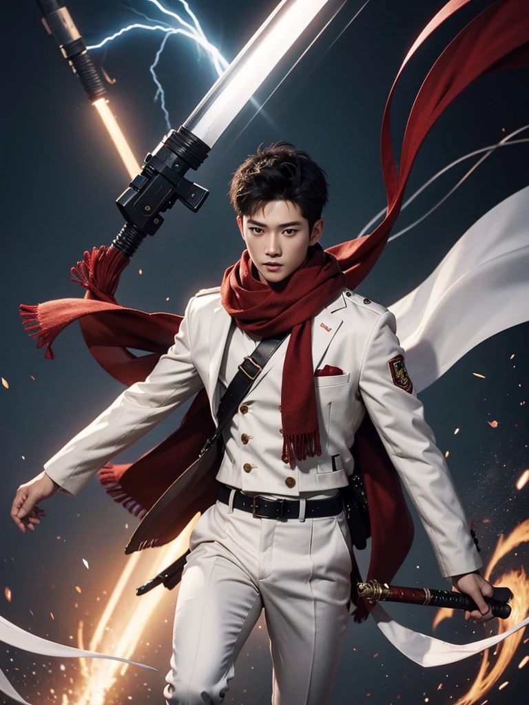 1 Handsome chinese slim guy, 20 years old, short hair, Masterpiece, Best quality, A high resolution, Black eyes, Scarf, emblem, belt, thigh band, Red scarf, White pants, Brown jacket, Long sleeves, holding weapon, sword, dual wielding, Three-dimensional electric gear, Arms spread wide, standing on one leg, Wide shot, sky, Highest quality, high resolution.