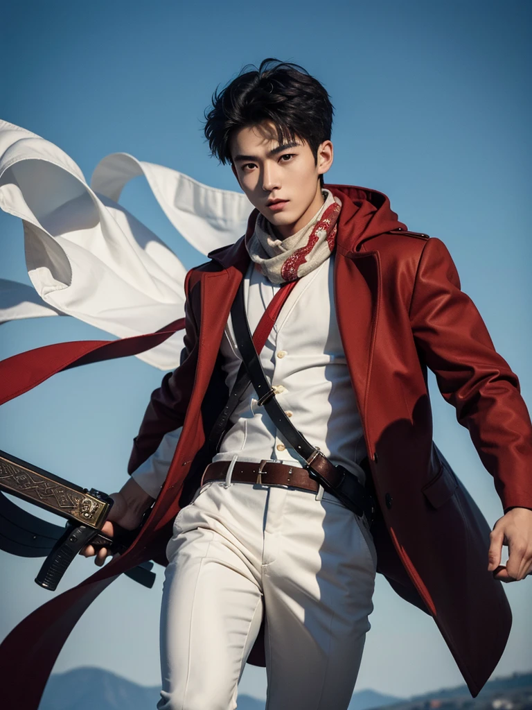 1 Handsome chinese slim guy, 20 years old, short hair, Masterpiece, Best quality, A high resolution, Black eyes, Scarf, emblem, belt, thigh band, Red scarf, White pants, Brown jacket, Long sleeves, holding weapon, sword, dual wielding, Three-dimensional electric gear, Arms spread wide, standing on one leg, Wide shot, sky, Highest quality, high resolution.
