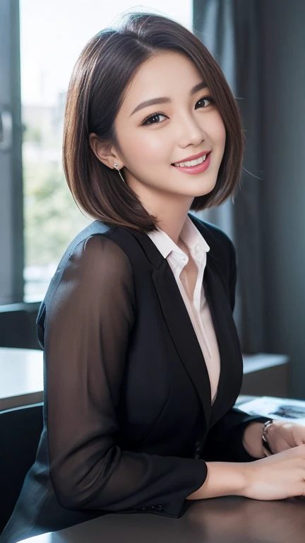 Very detailedな CG Unity 8k 壁紙, Highest quality, Very detailed, masterpiece, Realistic, Realistic写真, Very detailedな美しい女の子, Age 25 , (office lady), smile , Round eyes, Small breasts , The audience is, Full Body Shot , Stylish Meeting Rooms , Brown short hair trend Latest short hair trends for young women Black suit Provocative look 人を惹きつけるsmile Staring at the photographer Sexy lips A dress that is see-through from the inside Pink lips that captivate men Thick lips While stroking my hair Random blushing