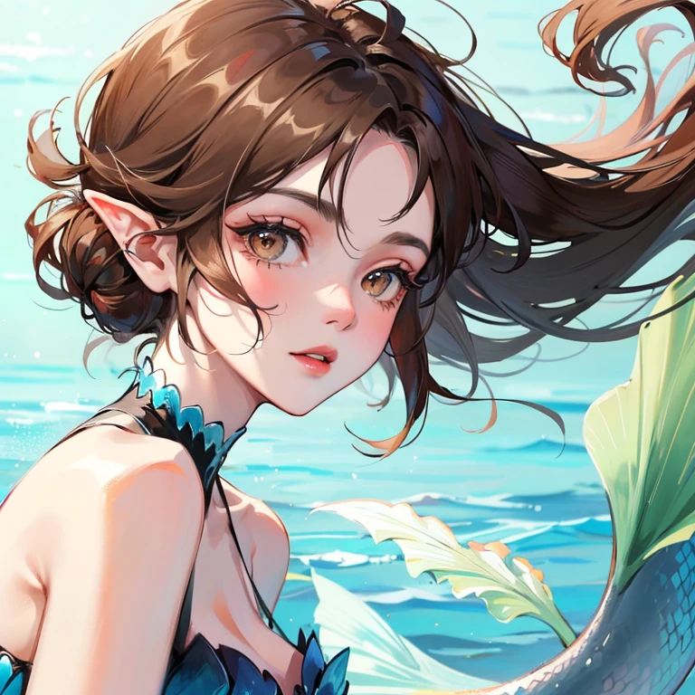 Portrait of a mature looking young woman. Mermaid. Finned ears. Short brown hair and brown eyes. Mermaid tail.