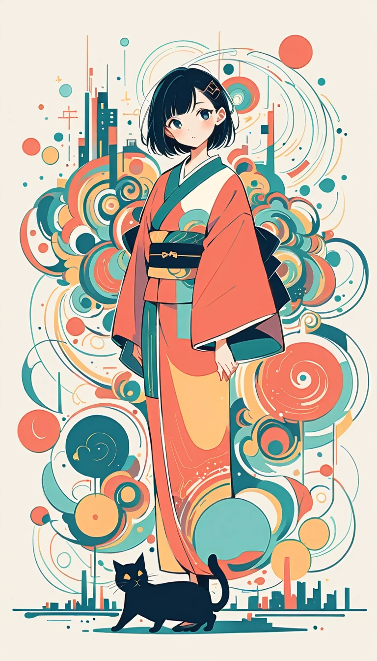 Watase Seizo style, kimono, Simple line initials，abstract art，((city, cat)), (((The Most Beautiful Girl))), simple background, full body, Simple line initialism,