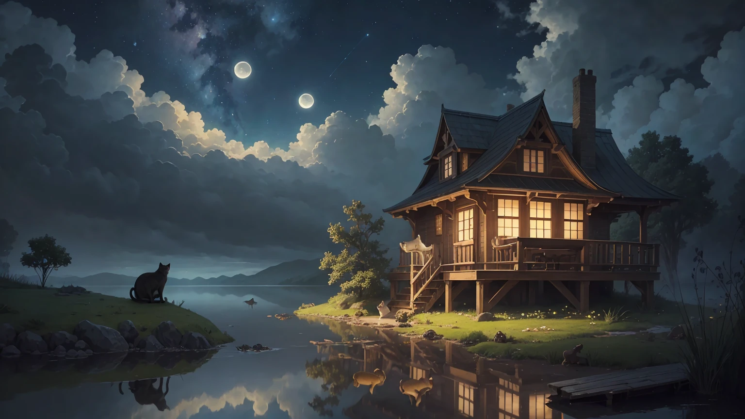 at the edge of a lake a cat sleeps peacefully on the back of a giant toad several small toads and frogs around, the scene is easy, slightly magical, it is night the moon is full, some clouds are present and the sky is starry, the style is hyper detailed and high quality digital art, more quality, cat sleeping on the toad
