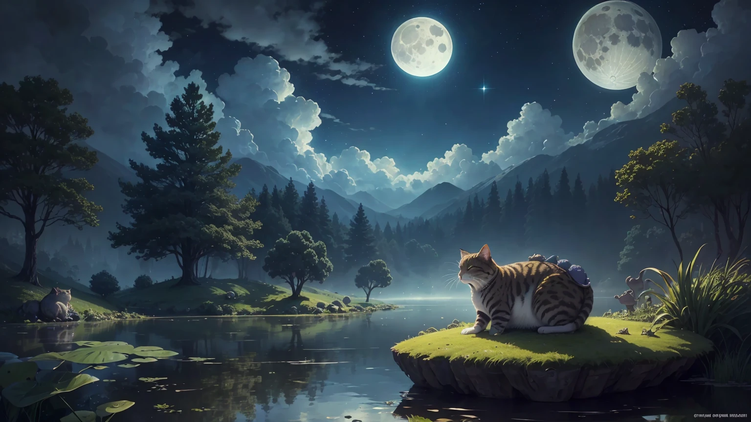 at the edge of a lake a cat sleeps peacefully on the back of a giant toad several small toads and frogs around, the scene is easy, slightly magical, it is night the moon is full, some clouds are present and the sky is starry, the style is hyper detailed and high quality digital art, more quality, cat sleeping on the toad