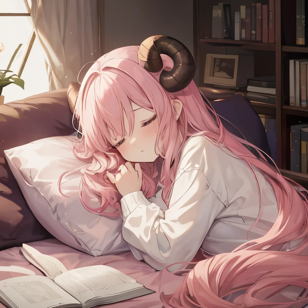 An anime-style illustration of ‘Fua-chan’ having fallen asleep unexpectedly. Fua-chan has distinctive features: long pink hair styled in soft curls resembling sheep’s horns, and pink eyes. She is depicted lying in a cozy and relaxed position, with her eyes closed and a peaceful expression on her face. She might be on a sofa or in bed, surrounded by a blanket or pillows. Her hair is slightly tousled, and a book, phone, or other items might be nearby, indicating she fell asleep while using them. The background shows a softly lit, comfortable room, creating a serene and restful atmosphere.