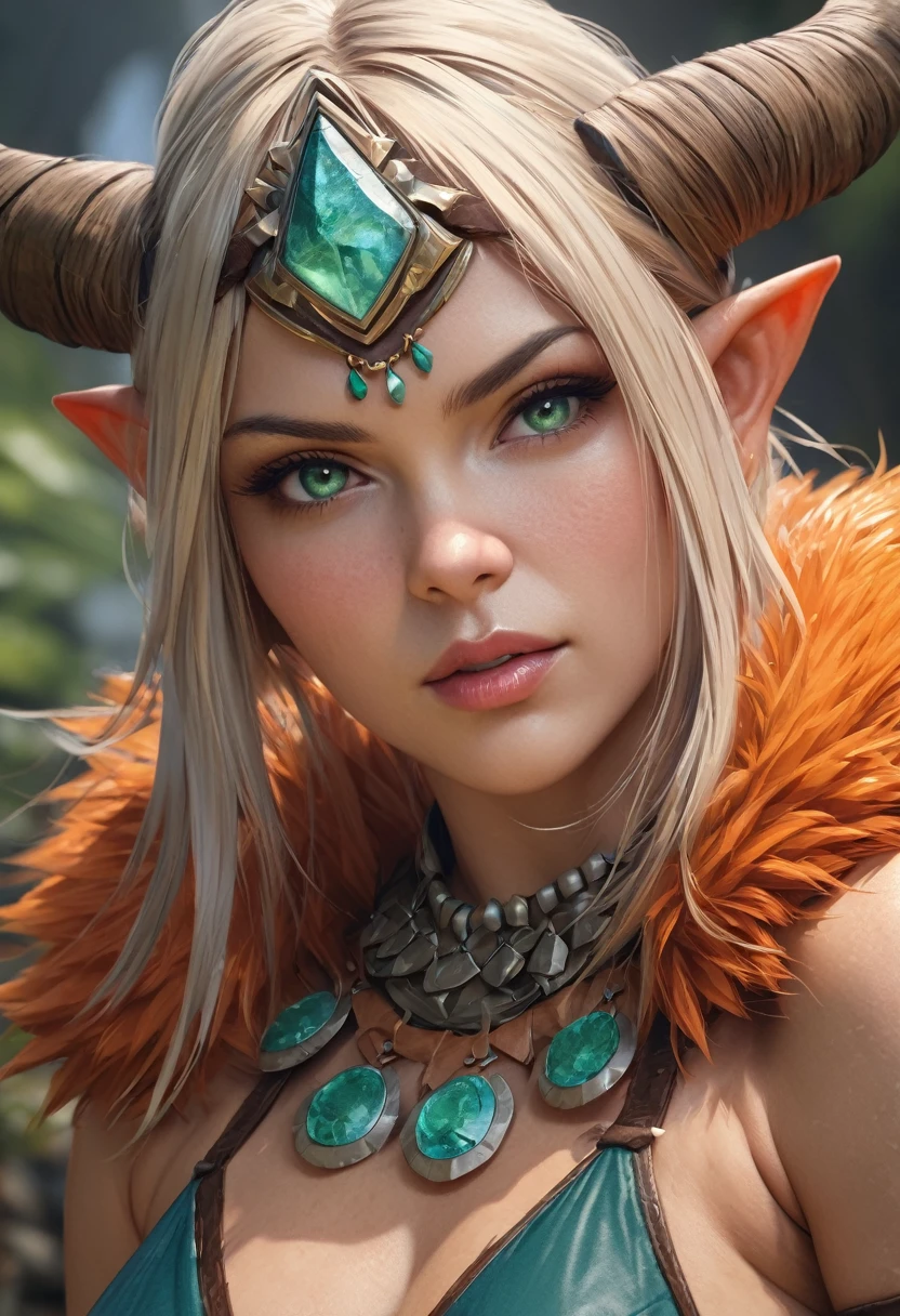 upper body shot, (best quality,4k,8k,highres,masterpiece:1.2), ultra-detailed, (realistic,photorealistic,photo-realistic:1.37),(Numerous award-winning masterpieces, incredibly detailed and textured, maximal resolution and clarity), (Hyper-realistic:1.4), (Realistic:1.3), super quality, beautiful detail, super detailed, extra fine, 16K, exquisite, absurd, high resolution, a woman with horns, platinum blonde, pale green eyes, female troll shaman, muscular female druid, a very beautiful berserker woman, female druid, female orc forest druid. wearing orange fur, (teal green top), leather top, leather bra, shoulder armor, pelvic curtain. super high quality, super high detail, masterpiece, 4k, 8k, HDR, detailed face, beautiful face, orange skin, orange fur