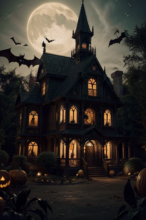 a Halloween themed coloring book, vintage style, detailed, intricate patterns, pumpkins, bats, haunted houses, spooky trees, (best quality,4k,8k,highres,masterpiece:1.2),ultra-detailed,(realistic,photorealistic,photo-realistic:1.37),vibrant colors,gothic atmosphere,dark moody lighting