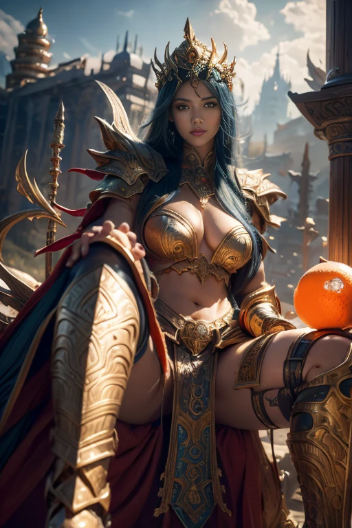 fantasy art, dnd art, RPG art, drkfntasy wide shot, (masterpiece:1.3), full body intense details, highly detailed, photorealistic, best quality, highres, portrait of a exotic race female (fantasy art, Masterpiece, best quality: 1.3) (blue colored skin: 1.3), intense details facial detail fantasy art, Masterpiece, best quality)cleric, (blue colored skin: 1.3) 1person blue_skin, (bold head: 1.4), intense green eye, fantasy art, Masterpiece, best quality) armed a fiery sword red fire, wearing heavy (white: 1.3) half plate mail armor LnF wearing high heeled laced boots, wearing an(orange :1.3) cloak within fantasy temple near river background and sun and clouds, reflection light, high details, best quality, 16k, [ultra detailed], masterpiece, best quality, (extremely detailed), dynamic angle, ultra wide shot, photorealistic, RAW, fantasy art, dnd art, fantasy art, realistic art