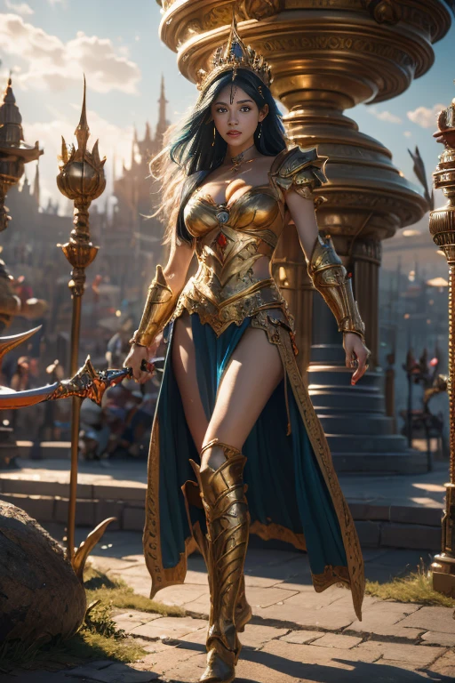 fantasy art, dnd art, RPG art, drkfntasy wide shot, (masterpiece:1.3), full body intense details, highly detailed, photorealistic, best quality, highres, portrait of a exotic race female (fantasy art, Masterpiece, best quality: 1.3) (blue colored skin: 1.3), intense details facial detail fantasy art, Masterpiece, best quality)cleric, (blue colored skin: 1.3) 1person blue_skin, (bold head: 1.4), intense green eye, fantasy art, Masterpiece, best quality) armed a fiery sword red fire, wearing heavy (white: 1.3) half plate mail armor LnF wearing high heeled laced boots, wearing an(orange :1.3) cloak within fantasy temple near river background and sun and clouds, reflection light, high details, best quality, 16k, [ultra detailed], masterpiece, best quality, (extremely detailed), dynamic angle, ultra wide shot, photorealistic, RAW, fantasy art, dnd art, fantasy art, realistic art