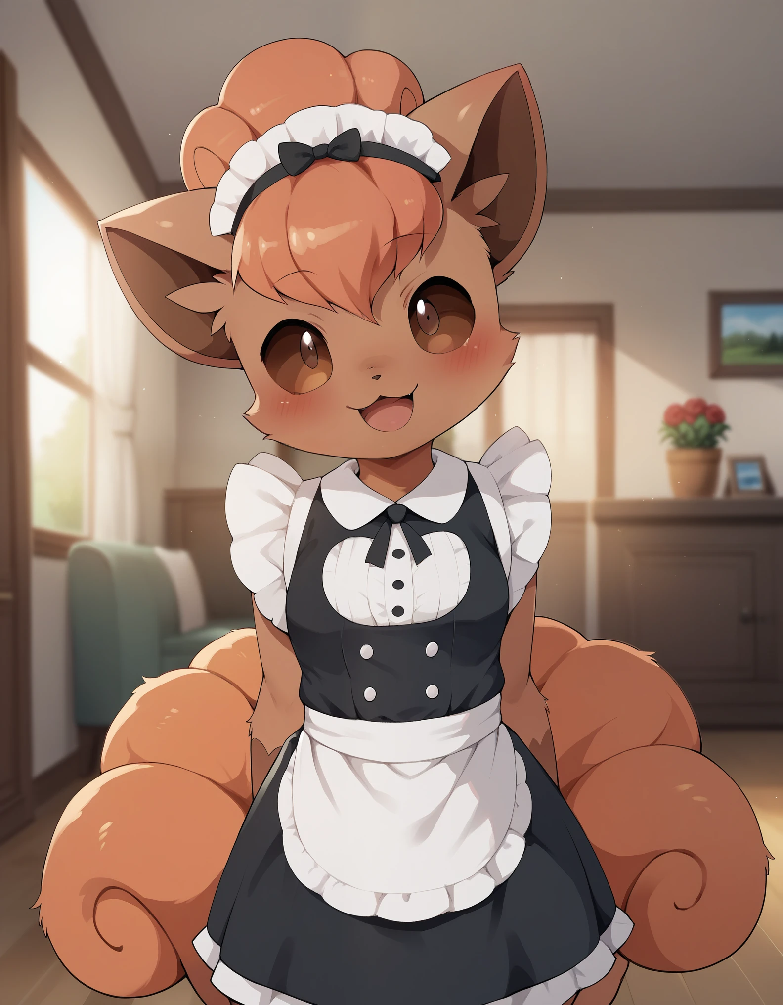 dagasi, body fur,  score_9, score_8_up, score_7_up, score_6_up,  rating_questionable, anthro, (furry, anthro:1.2) (detailed fluffy fur), solo, furry female, pokemon (creature),,vulpix , cute, ,pokemon, (small breasts), ,cute, cute eyes, cute head), (beautifully detailed face, oily shiny skin), (detailed eyes, sharp eyes, clear pupils:0.8), masterpiece, happy, hands empty, smile,mouth, background living room,house,dressed, wear maid outfit, 