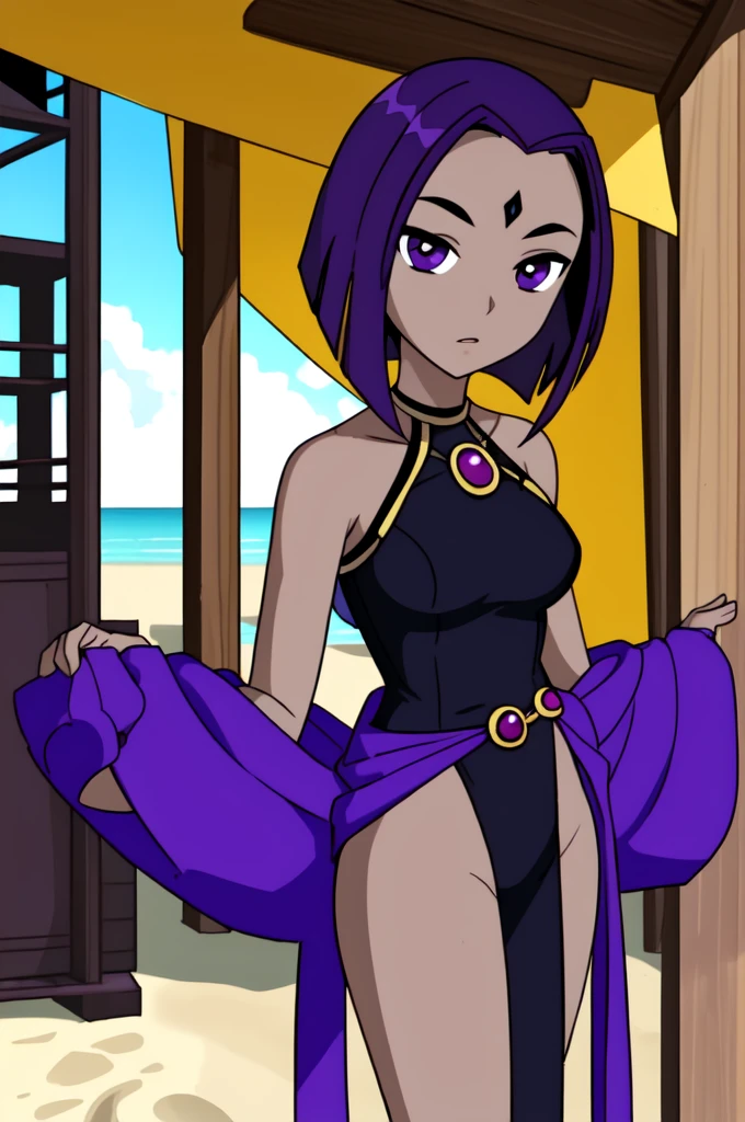 ((masterpiece)), (best quality:1.7), raven(afrocentric), , purple hair, purple eyes, beach party, detailed, cg society, trending on artstation