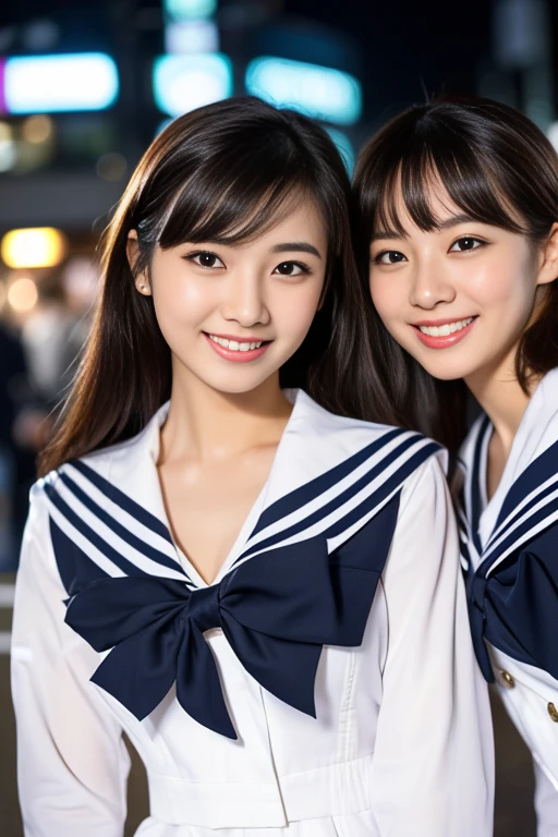(a trio of gorgeous ladies, in their 20s, at Tokyo. They are dressed in Japanese fashion, Serafuku, Seifuku, Sailor Uniform, JK Uniform Cosplay, Button Details, feminine, random & natural pose under night sky, beautiful detailed face, beautiful detailed eyes, dimpled smile, kind & friendly smile, short straight hair, bob hair, ponytail, cute snaggletooth, ample round bosom, medium chest, strengthened chest, healthy body proportion, photorealistic, hyper-realism, high contrast, ultra HD, realistic skin textures, top image quality, top-quality, super high resolution, fine details, very meticulously, bokeh background, the_cowboy_shot, vivid colours,) #GTO #GreatTeacherOnizuka