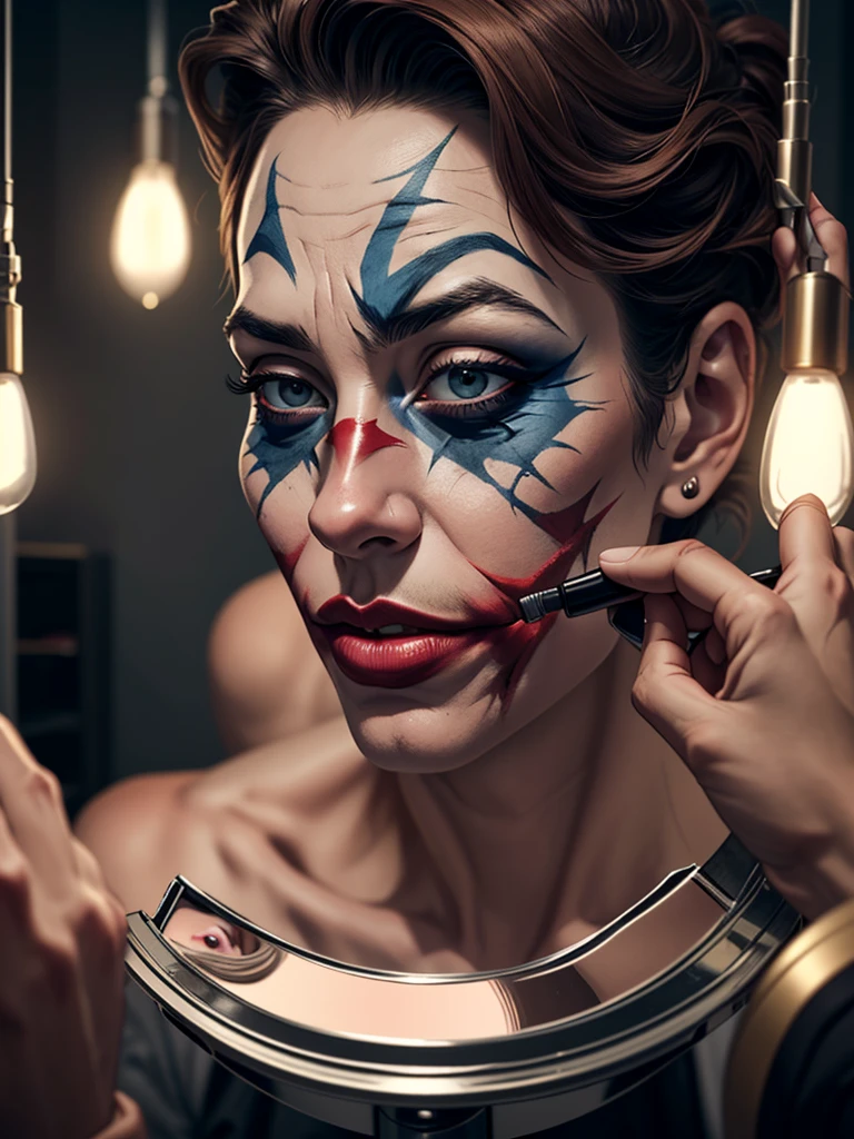 create a scenario where the joker is putting on makeup looking at a makeup mirror mirror with light bulbs