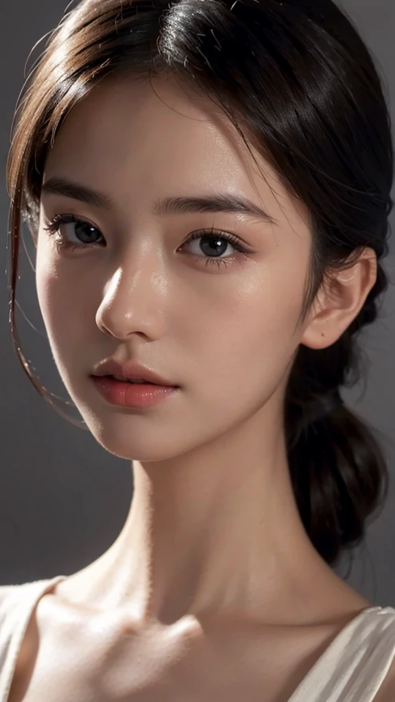 Commercials for luxury cosmetics style,Commercial filming studio,The background is all gray,Body in front,close up face,fully body photo,masutepiece, The highest image quality, High quality, the background is clear，Beautiful woman, Japanese, Detailed, Ultra-detailed, finely detail, hight resolution, 8K Wallpaper, Perfect dynamic composition, Beautiful detailed eyes ,Detailed eyes, Detailed skin, Beautiful skin, 超hight resolution, (reality: 1.4),Very beautiful woman, Slightly younger face, Beautiful skin, slender, (Ultra photo realsisim), (hight resolution), (8K), (Very detailed) (beautifully detailed eyes), (super detailed),   (Detailed face), view the viewer, Fine details, Detailed face, Staring straight ahead, Staring straight ahead, photos realistic, Bright lighting, Professional Lighting, Black hair,poneyTail,a baby face,sixteen years old,Hairstyle: ponytail,Long ponytail hairstyle,slight smile,
