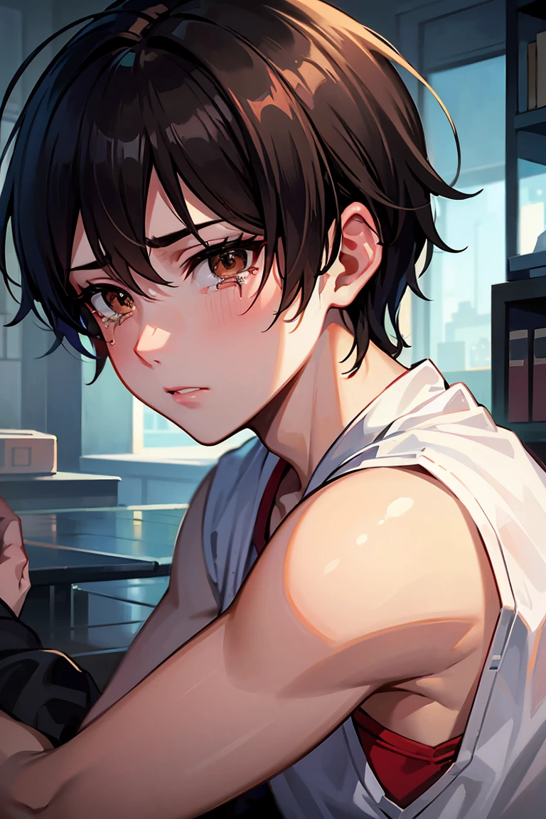 1boy, black hair, (glass guy: 0.8), brown eyes, named Jackie Pick, hes feel so sad and crying