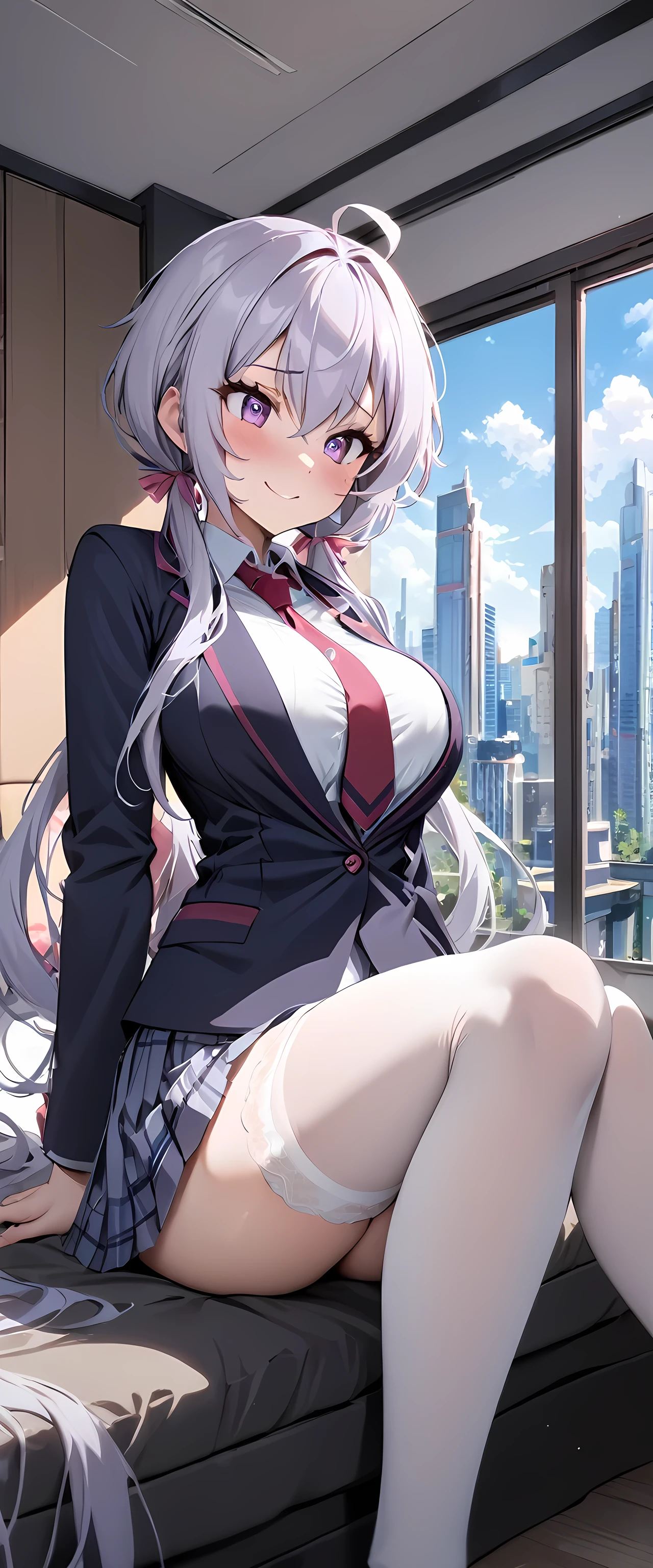 (masterpiece), best quality, expressive eyes, perfect face,1girl,YukineChris,girl's bedroom,day,window,cityscape,sitting,long hair, purple eyes, twintails,low twintails, ahoge, large breasts, indoors, , blazer, necktie, white thighhighs, pleated skirt, open jacket,smile,undressing,lingerie,