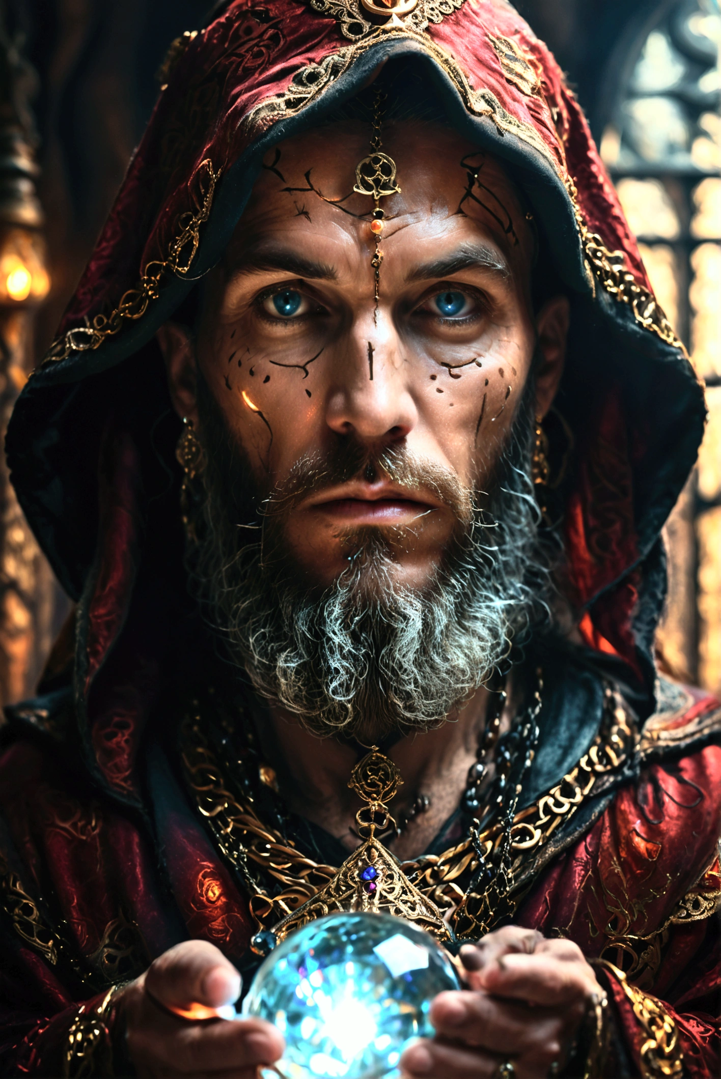 a nostradamus, a man in a long rodr, dramatic lighting, dark background, mystical, occult, medieval, detailed face, penetrating eyes, intricate robes, ornate jewelry, mysterious symbols, glowing crystal ball, dramatic shadows, moody atmosphere, cinematic composition, rich colors, digital art