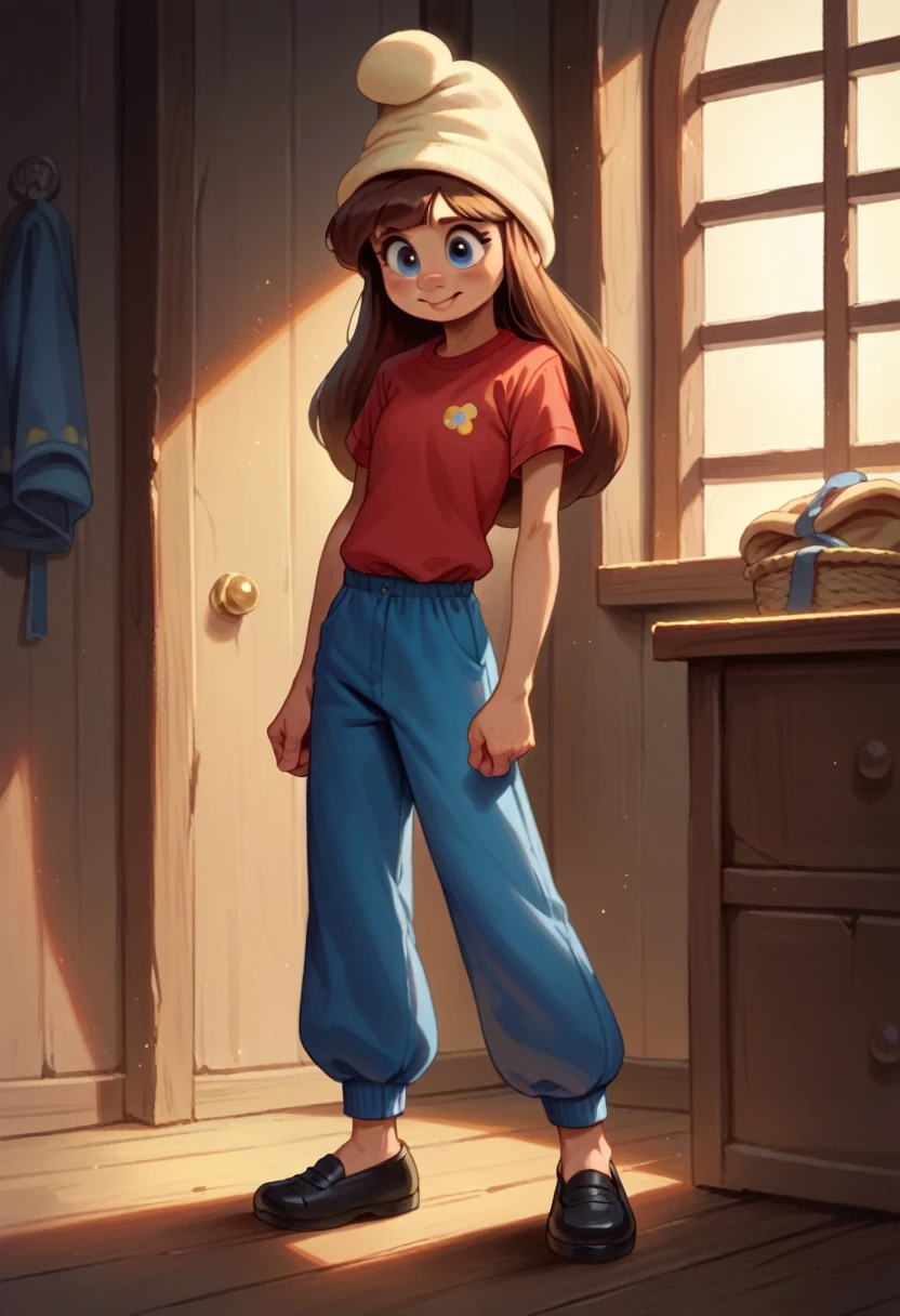 smurfette, standing, red shirt, short sleeves, blue pants, skinny, black pants, black shoes, knit hat, black hat, brown hair, fair skin, room, 1girl, solo