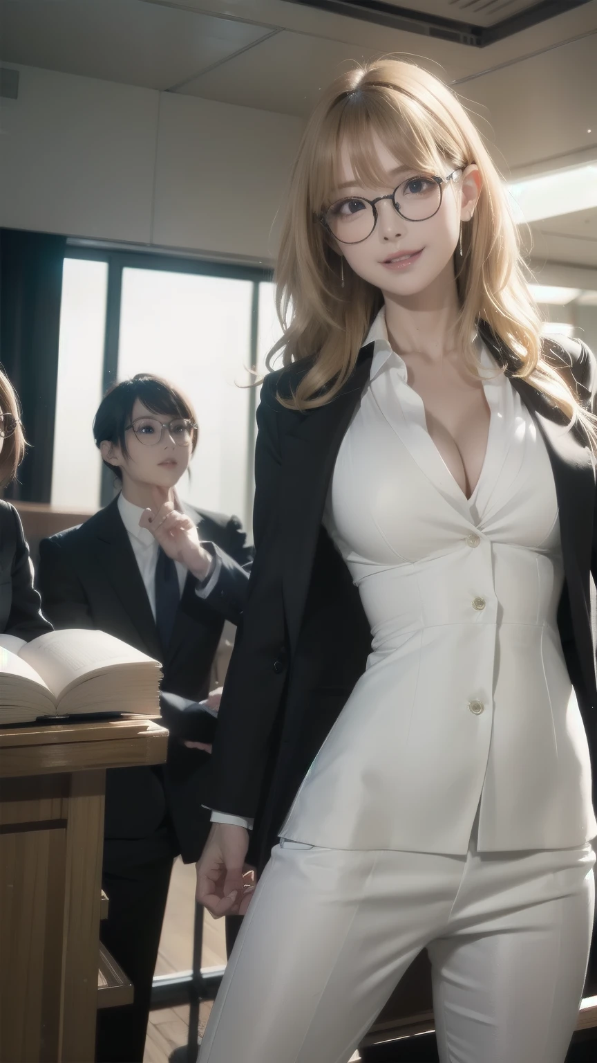 Highest quality, Highest quality, 16K, Unbelievably absurd, Very detailed, delicate and dynamic, Detailed facial depiction, Anatomically accurate skeleton, Particles reflect light, Diffuse reflection of light, Vortex of Light, Files on the desk, Spotlight, trial所, trial, Defense, Glassesが光を反射する, Create amazing image effects, Close-up, (sole sexy lady, big firm bouncing busts, long wavy blonde hair, lawyer, Powerful, Chic black suit, White blouse, pants suit, High heels, Glasses, Serious, Self, enthusiasm, Spiel, Stand up and read the document, Glassesを手で押し上げる,)