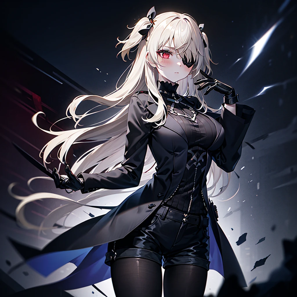 1girl, ashen_blond_hair, long_hair, bangs, eyepatch, red_eyes, two_side_up, hair_over_one_eye, blush, giant_breasts, Black_trench_coat, gauntlets, Black_stockings, grey_shorts, pale skin, 