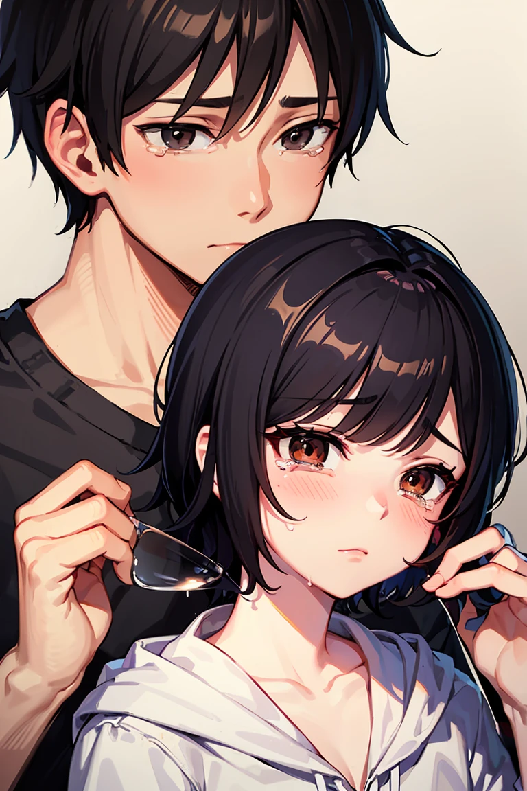 1boy, black hair, (glass guy: 0.8), brown eyes, named Jackie Pick, hes feel so sad and crying, sprites