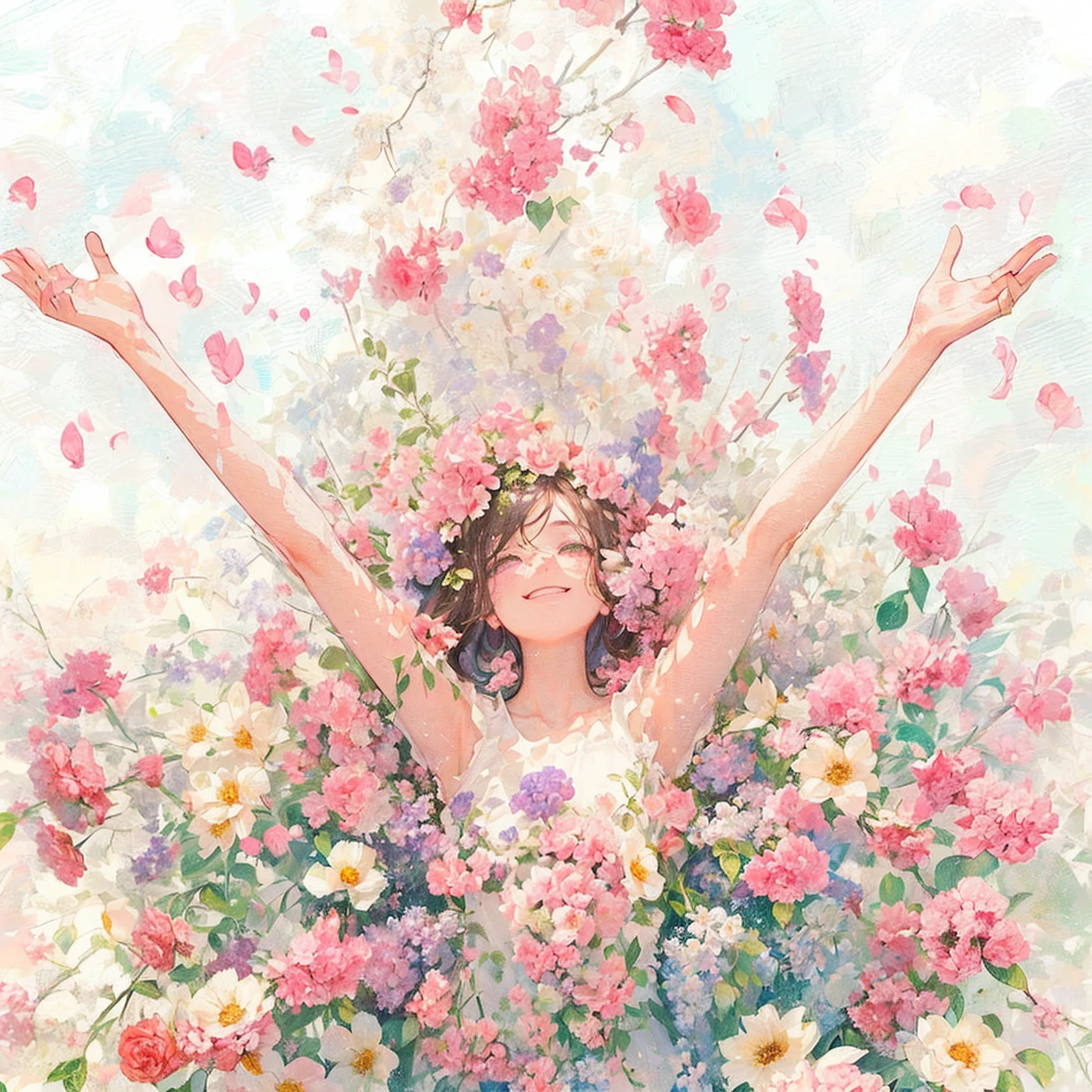 Best smile,A shower of flowers with outstretched arms is pouring down. A happy moment surrounded by many beautiful flowers. My body is covered with flowers.Fine brush, rough, detailed watercolor, soft and fantastic, pastel, fluffy, (extremely fine and beautiful), (perfect details)、(pastel color),Soft texture:1.2,Gaze from above.(Mastepiece, Best Quality), (finely detailed beautiful eye), (finely detailed eyes and detailed face), (Scenery), (Ultra-detailed, Best Shadow), ((depth offield)
