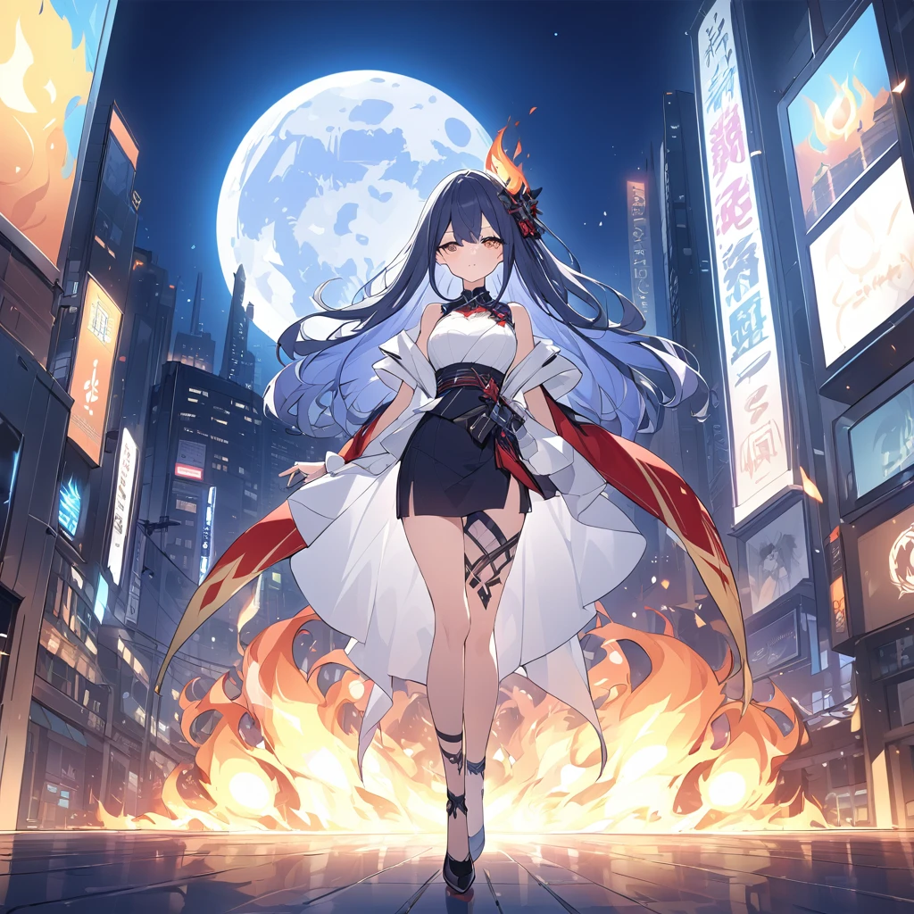 Shibuya cityscape、(Highest quality, Exquisite design, The best light, Better shading).Blue moon background on blue background、The flame that Burns everything、disaster々Burn、disaster々Emitting an aura、