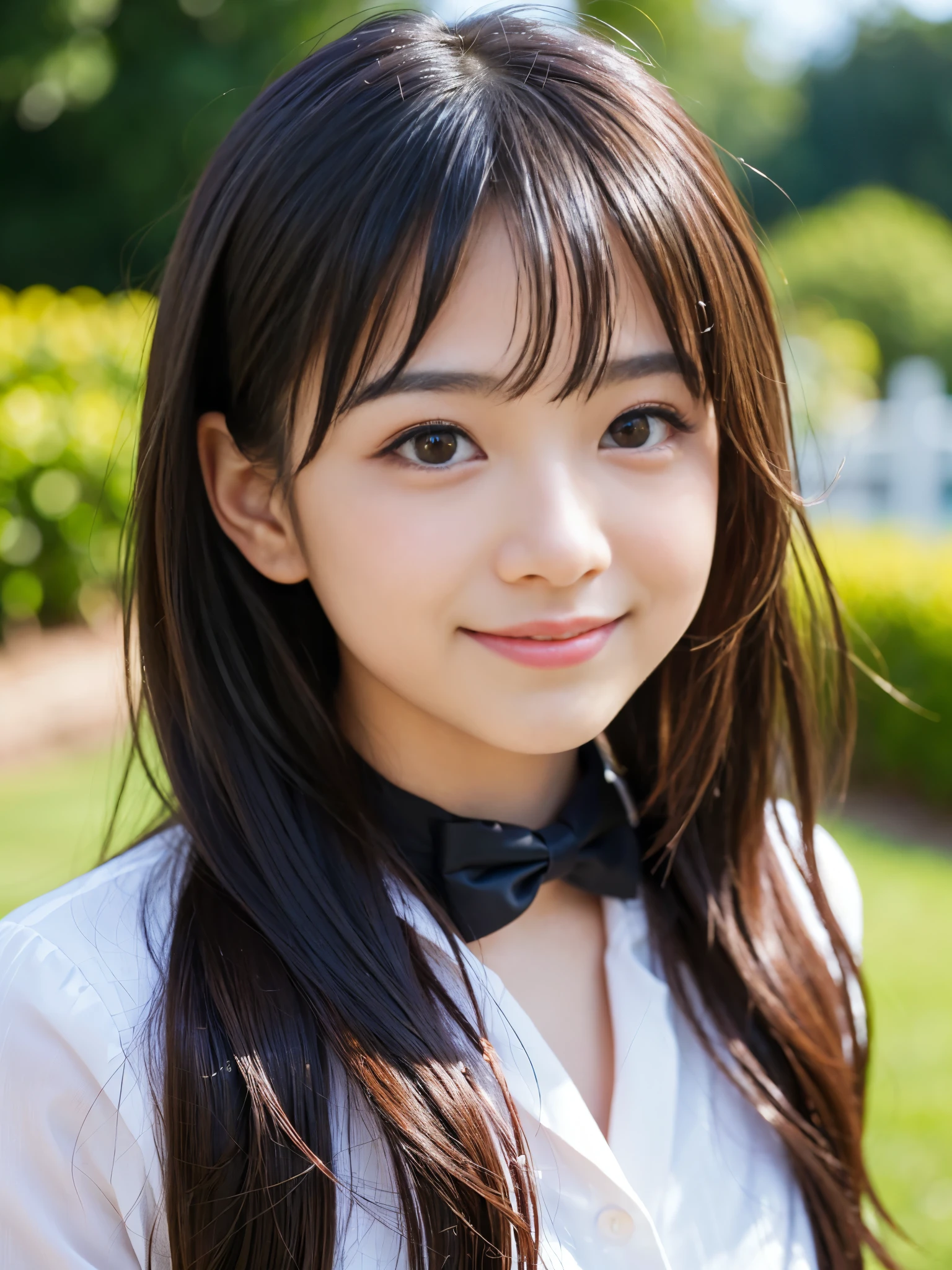(Best-quality, Masterpiece, Ultra-High-Resolution, (Photorealistic:1.4), Raw Photo, depth of field, professional lighting, perfect anatomy, extremely details), 1girl, 14-years-old, the most famous Japanese idol, (((extremely cute and extremely big black-eyes, extremely cute long-eyelashes))), (((extremely beautiful and extremely realistic skins))), ((extremely cute face like the most popular Japanese idol, extremely cute lips)), (((innocent smile)))