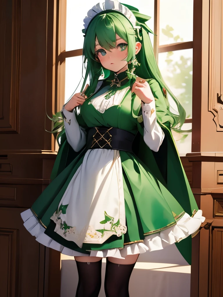 masterpiece, best quality, 1girl, solo, nahida_genshin, cross-shaped pupils, maid outfit, green cape, standing