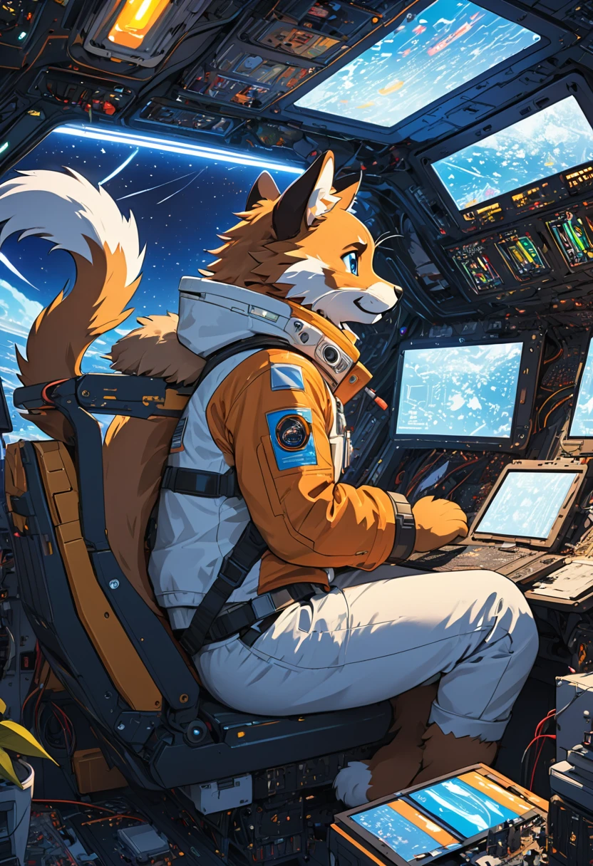 cover page, top quality, best quality, High-quality illustrations, masterpiece, absurdres, perfect anatomy, male only, furry, couple drawing)sitting in a spacious spaceship's cockpit(fixing an emergency error on the motherboard, panic lights, small build, tail, visible fur paws, backlit)crash landing, warning screens,