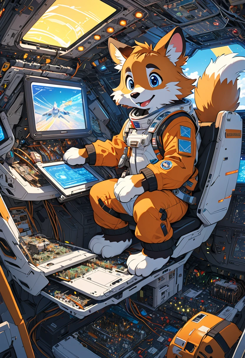 cover page, top quality, best quality, High-quality illustrations, masterpiece, absurdres, perfect anatomy, male only, furry, couple drawing)sitting in a spacious spaceship's cockpit(fixing an emergency error on the motherboard, panic lights, small build, tail, visible fur paws, backlit)crash landing, warning screens,