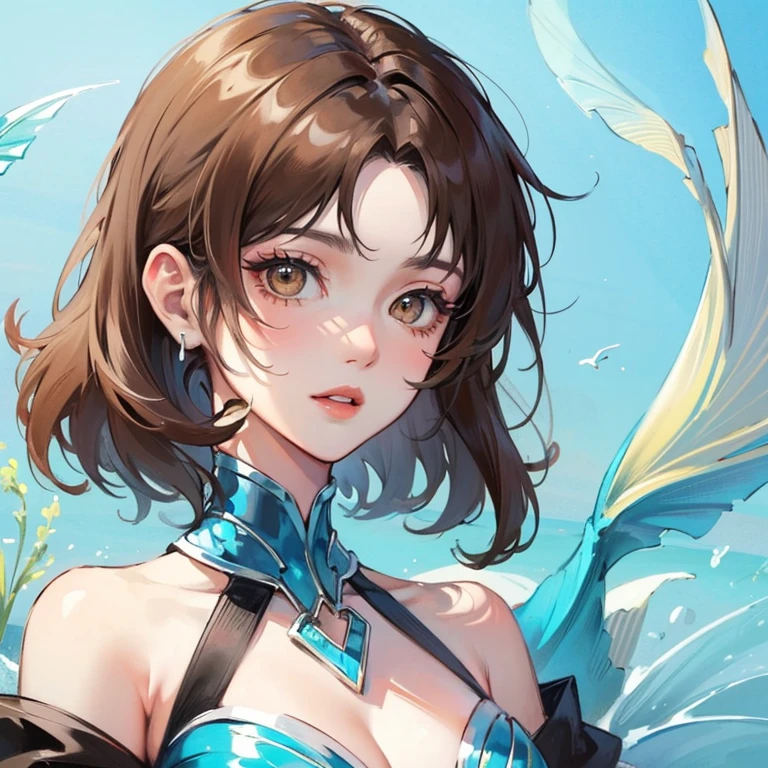 Portrait of a mature looking young woman. Mermaid. Finned ears. Short brown hair and brown eyes. Mermaid tail.